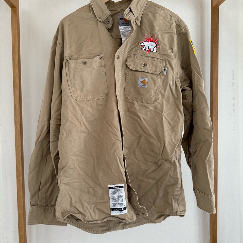Carhartt Men's flame resistant customized button up work jacket in khaki size M